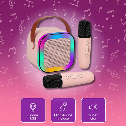 Boxă Portabilă Karaoke cu Bluetooth, Lumini RGB și 2 Microfoane Incluse