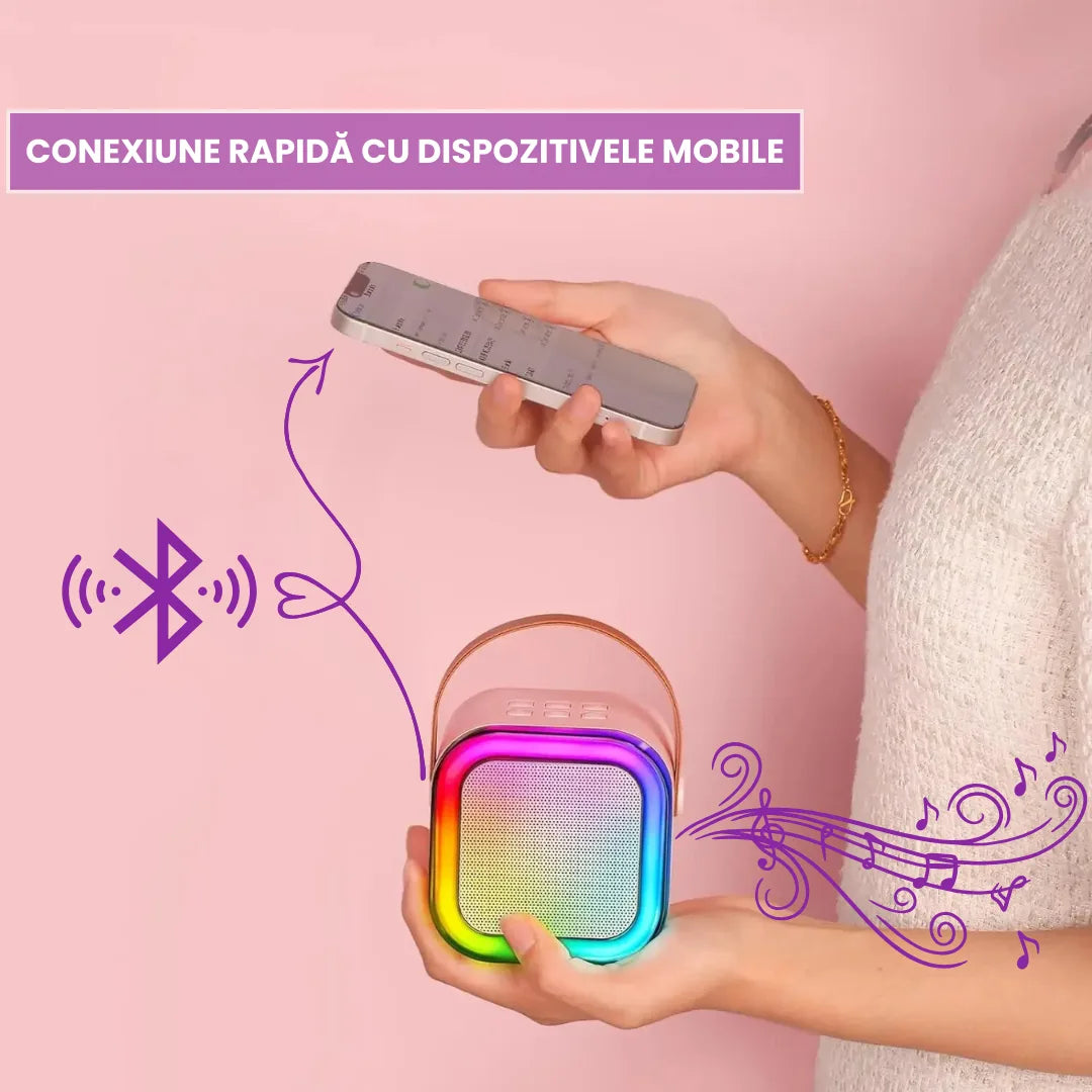 Boxă Portabilă Karaoke cu Bluetooth, Lumini RGB și 2 Microfoane Incluse
