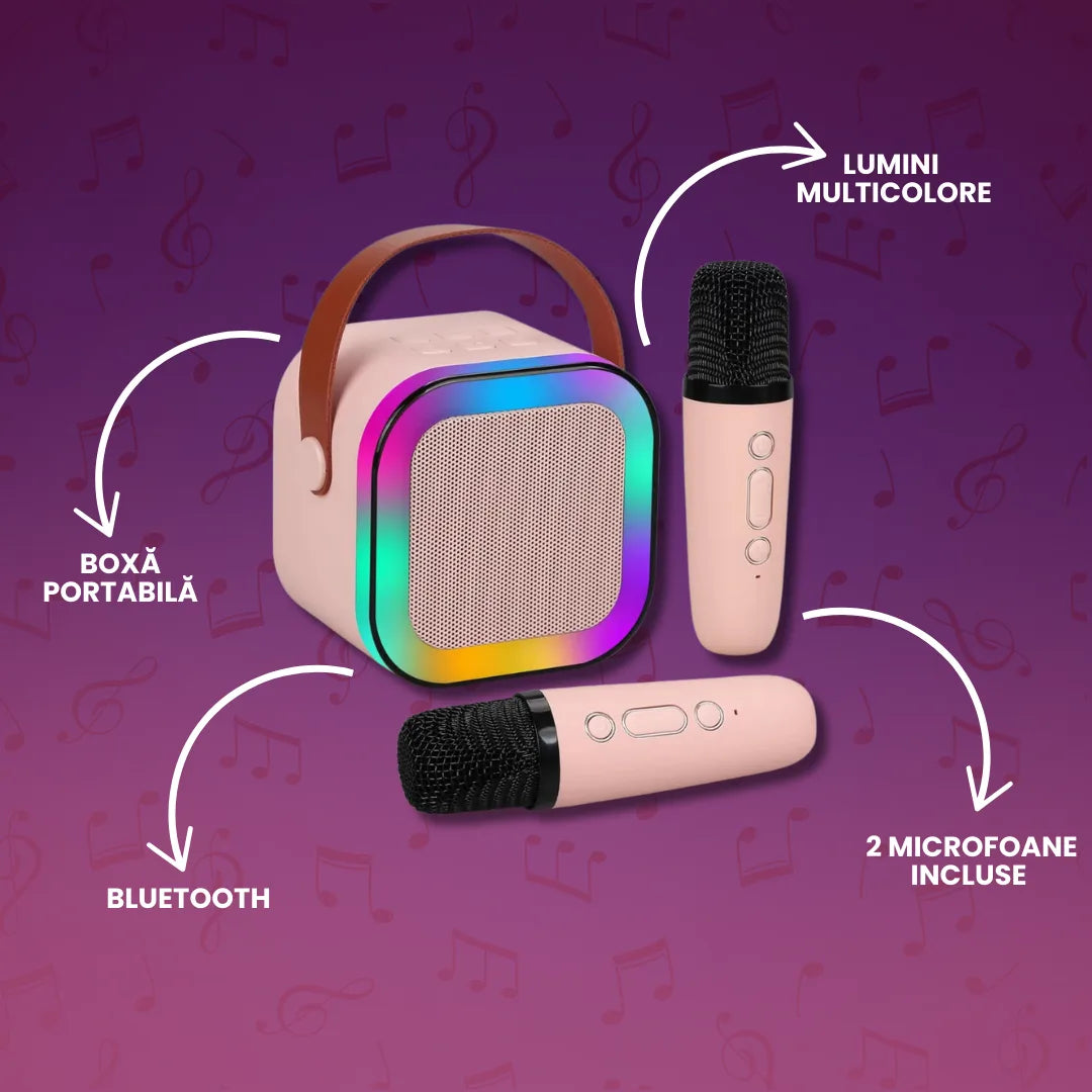 Boxă Portabilă Karaoke cu Bluetooth, Lumini RGB și 2 Microfoane Incluse