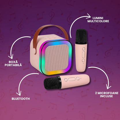 Boxă Portabilă Karaoke cu Bluetooth, Lumini RGB și 2 Microfoane Incluse